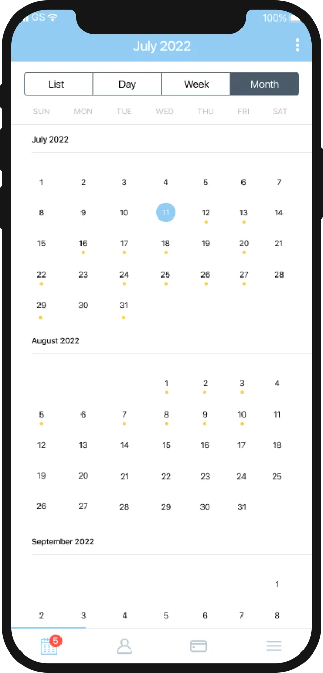 Phone screen with calendar