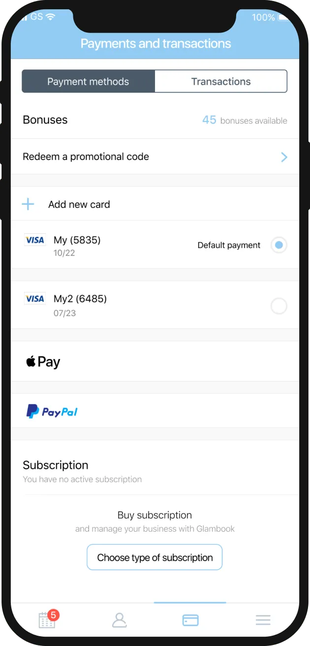 Phone screen with payments and transactions